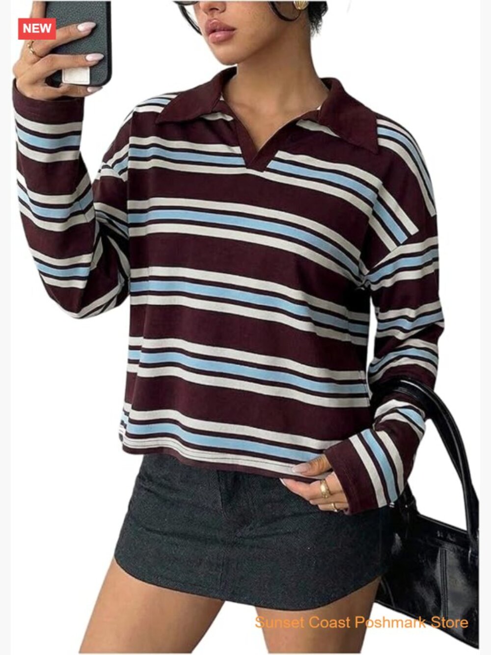 Striped Long Sleeve Oversized Pullover Tee Rugby Sweatshirt Y2K